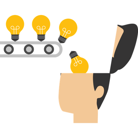 Businessman gets great idea light bulbs by production line  Illustration