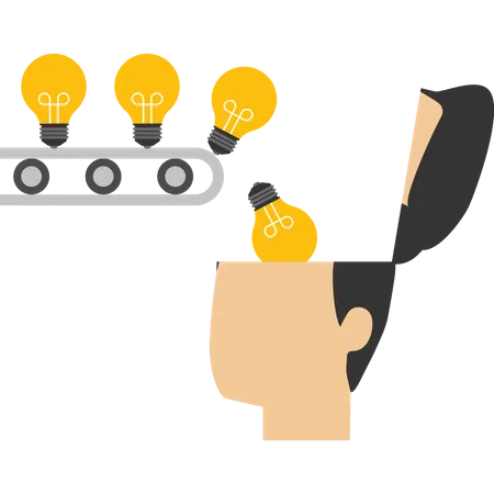 Businessman gets great idea light bulbs by production line  Illustration