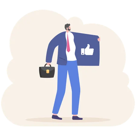 Businessman In A Cloak Sells Likes And Thumbs Up Sign Likes And Positive Feedback Concept Social Media Concept Vector Illustration Flat Illustration
