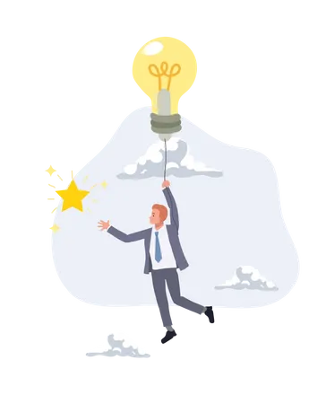 Businessman Flying With Lightbulb Idea To Catch Star In The Sky Creativity Or Innovation Concept Vector Illustration Illustration