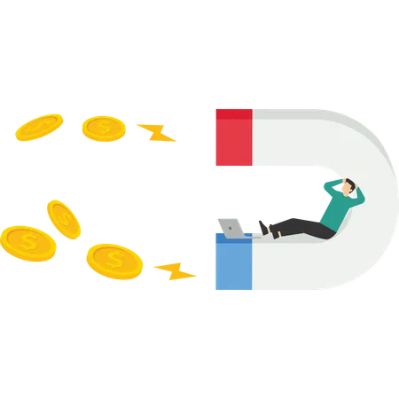 Businessman Getting Coins And Bills With Magnet Path To Be A Millionaire Financial Success And Growth Vector Illustration Design Concept In Flat Style Illustration