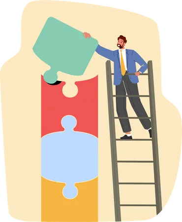Businessman Character Stand On Ladder Connect Huge Puzzle Pieces Man Solve Complicated Task Achieve Goal Working On Innovative Idea Concept Cartoon People Vector Illustration Illustration