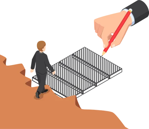 Flat 3 D Isometric Big Business Hand Drawing The Bridge To Help Businessman Across The Gap Business Help And Support Concept Illustration