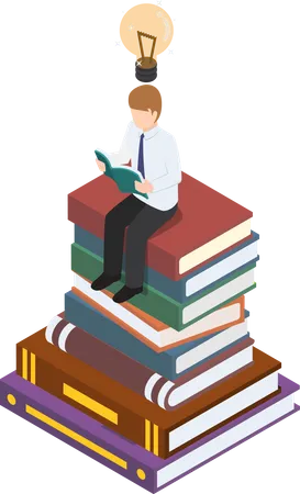 Flat 3 D Isometric Businessman Reading At The Top Of Book Stack Education And Learning Concept Illustration