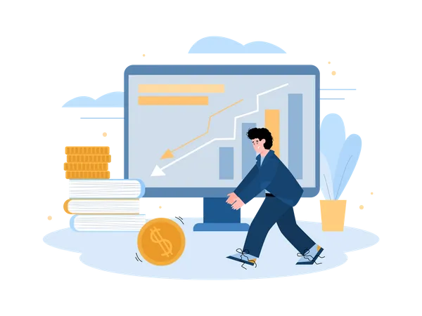 The Concept Of Financial Success Businessman And Gold Coins Near The Monitor With Graphs And Charts Flat Cartoon Vector Illustration Isolated On A White Background Illustration
