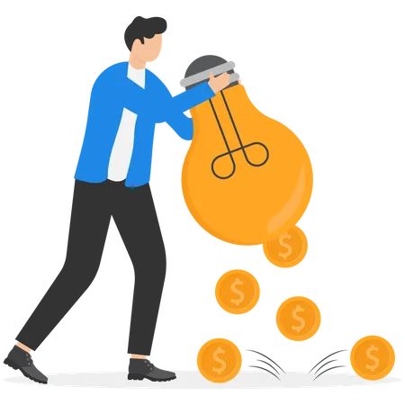Idea To Make Money Financial Innovation Or Business Or Investment Ideas Earning Or Profit From Creativity Concept Dollar Money Coins Falling From Businessman Hand Shaking The Lamp Or Lightbulb Idea Illustration