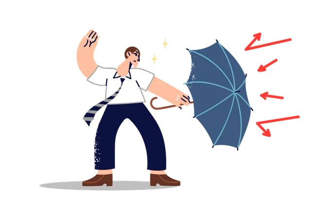 Challenge For Business Man Using Umbrella To Ward Off Problems And Troubles That Put Company In Danger Guy Independently Struggles With Difficulties Taking On Challenge For Professional Development Illustration