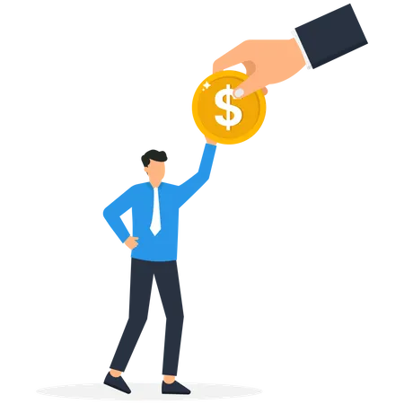 Employee Bonus Money Salary Or Income Increase Based On Work Performance Or Prize Or Gift To Boost Employee Morale Concept Giant Boss Hand Giving Stack Of Coins Money To Happy Office Workers Illustration