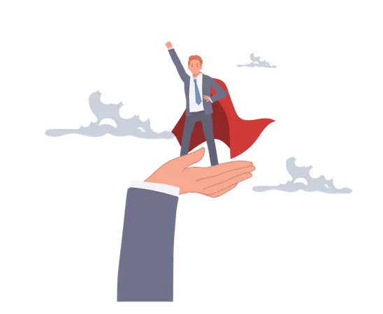 Confidence Businessman As Super Hero In Supported Hand Help To Succeed In Work Concept Support Or Encouragement Vector Illustration Illustration