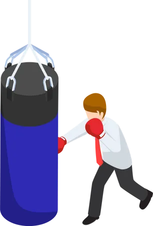 Flat 3 D Isometric Businessman Punch The Blue Punching Bag Business Training Concept Illustration