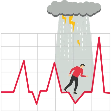 Businessman getting wet in rain while standing on stock graph without umbrella  Illustration