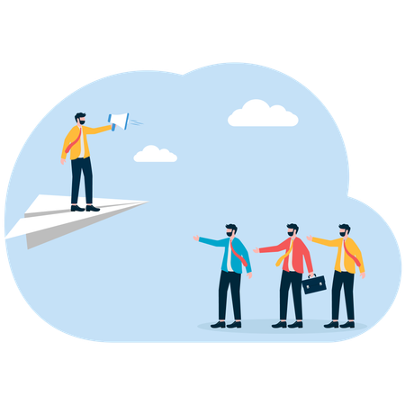 Businessman give testimonial to other success story refer friend  Illustration