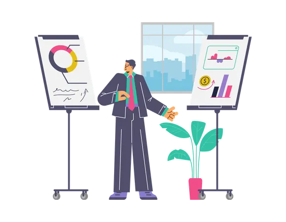 Businessman giving business presentation with graphs  Illustration