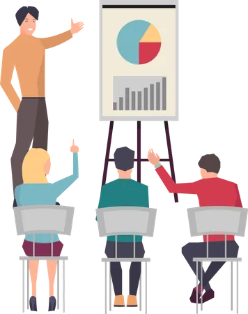 Businessman Teacher Giving Employee People Lecture Or Presentation At Board Room Conference Hall Flipchart Projector Screen Male Boss Showing And Explaining To His Colleagues Plan Diagram Illustration