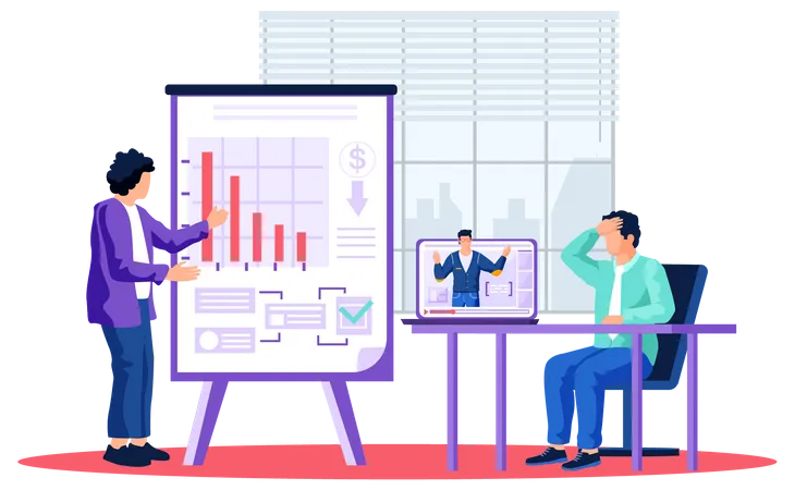 Businessman giving employee presentation of growing down profit chart  Illustration