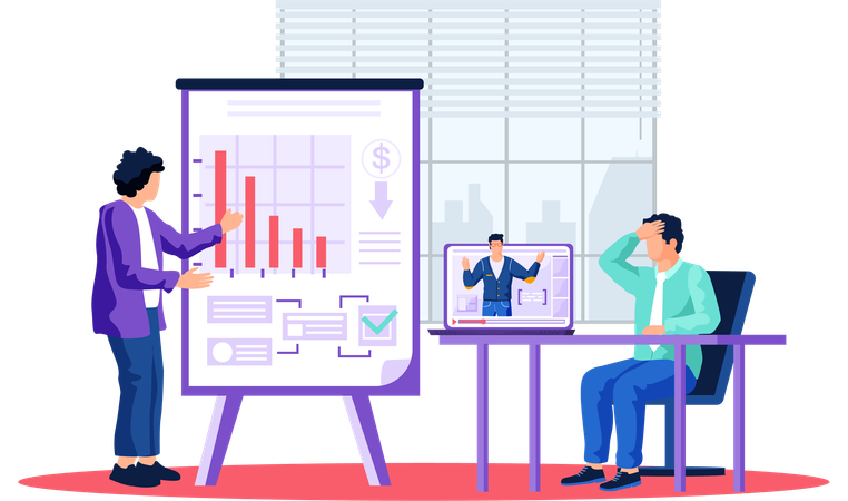 Businessman giving employee presentation of growing down profit chart  Illustration