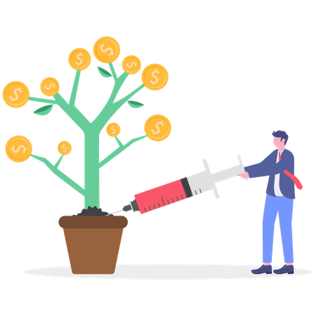 Businessman giving injection to dollar plant  Illustration