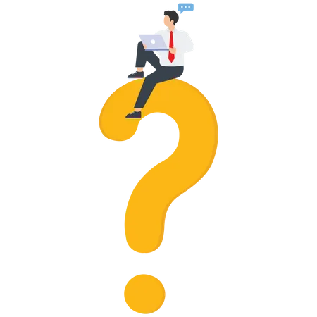 Question And Answer Q And A FAQ Frequently Asked Questions A Man Sits With A Laptop On A Question Mark And Answers Questions From Buyers Consumers In Electronic Format Vector Illustration