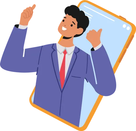 Business Man Character Showing Thumb Up On Smartphone Screen Social Spam Online Public Relations And Affairs Concept Alert Advertising Campaign Propaganda Pr Promo Cartoon Vector Illustration 일러스트레이션