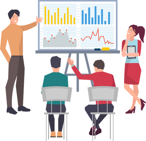 Businessman giving presentation of statistics at board room  Illustration