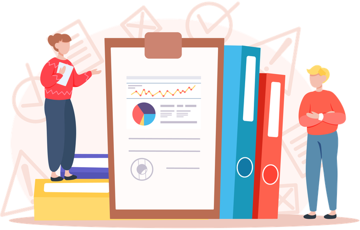 Businessman giving presentation on board with charts  Illustration
