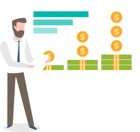 Investment Data Vector Man Holding Piece Of Paper Giving Presentation With Information About Money Growth Male Wearing Formal Suit Person With Report Illustration