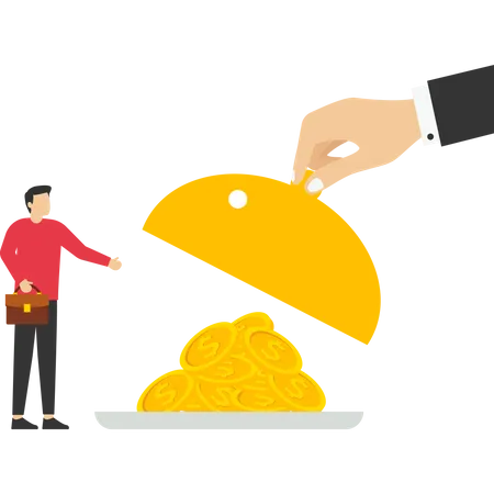 Businessman Giving Profit To Boss US Dollar Coin In A Food Cloche Food Dome Serving Tray Making Money Vector Illustration Design Concept In Flat Style Illustration