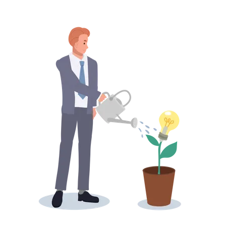 Businessman Watering Seedling Plant With Lightbulb Idea Flower Grow New Idea Concept Plant Innovative Creativity Vector Illustration Illustration