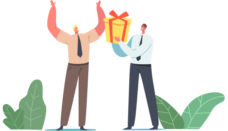 Businessman Giving Wrapped Gift Box to Cheerful Colleague for Birthday  Illustration