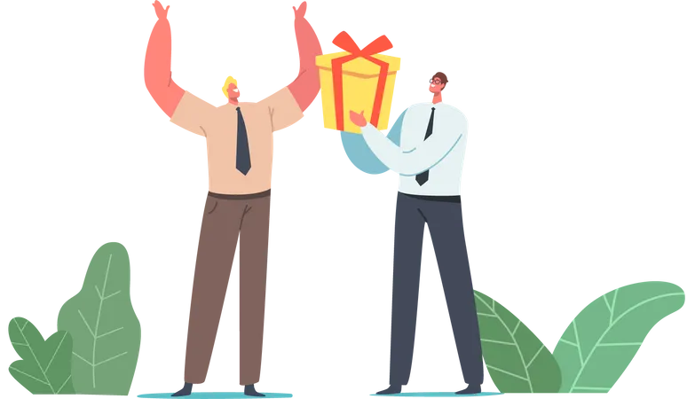 Businessman Giving Wrapped Gift Box to Cheerful Colleague for Birthday  Illustration