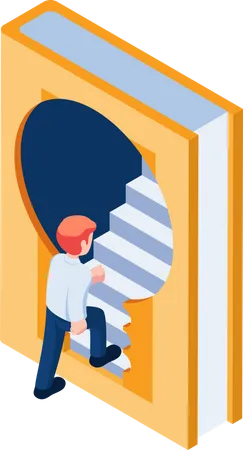 Flat 3 D Isometric Businessman Go Up The Stairs Inside Book Business Learning And Education Concept Illustration