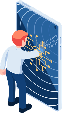 Businessman Going into Digital World and Change to Binary Code  Illustration