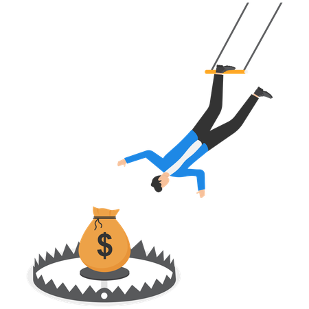 Businessman going to catch dollar coins on bear trap  Illustration