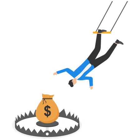Businessman going to catch dollar coins on bear trap  Illustration