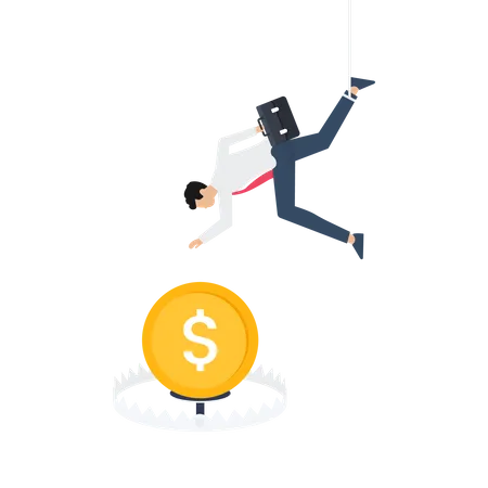 Businessman going to catch the dollar coins on bear trap  Illustration