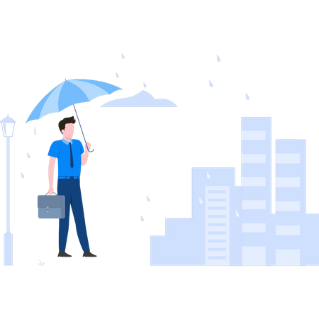 Businessman going to office in rain Illustration