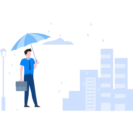 Businessman going to office in rain Illustration
