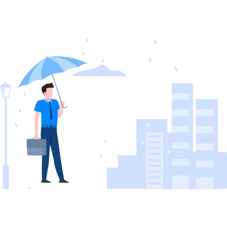 Businessman going to office in rain  Illustration