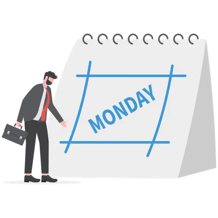 Monday Blues Tired And Fear Of Routine Office Work Depression Or Sadness Worker Sleepy And Frustrated On Monday Morning Tired And Sleepy Businessman Going To Work With Calendar Showing Monday Illustration