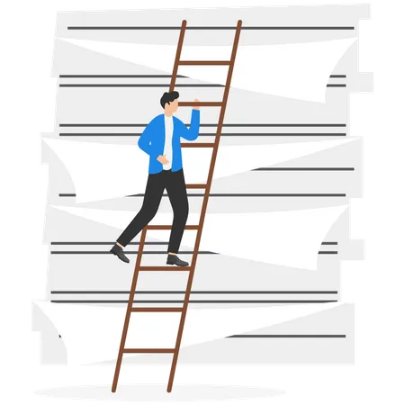 Vector Businessman Going Up The Ladder Over The Documents Illustration