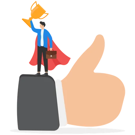 Employee Of The Month Great Manager Or Success Staff Winning Award Staff Appreciation Or Best Office Worker Concept Successful Businessman Manager Celebrating Employee Award On Big Thumb Up Symbol Illustration