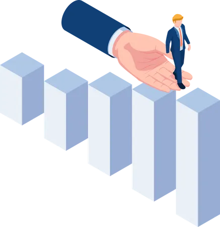 Flat 3 D Isometric Big Business Hand Helping Businessman Reaching The Top Of Graph Business Assistant And Teamwork Concept Illustration