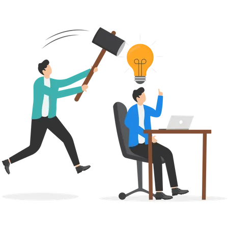 Jealousy Colleague Toxic Boss Kill All Ideas Never Been Implemented Envy Or Dishonest Coworker With Unprofessional Businessman Got New Idea Lightbulb But Being Hit And Destroy By Colleague Behind Illustration