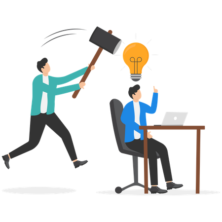 Businessman got new idea lightbulb but being hit and destroy by colleague behind.  Illustration