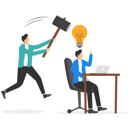 Businessman got new idea lightbulb but being hit and destroy by colleague behind.  Illustration