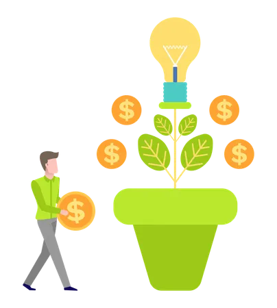 Man Character Holding Coin Dollar And Money Tree Leaves And Currency Growth Plant Symbol Of Cash Business Invest Light Bulb Creative Idea Vector Illustration