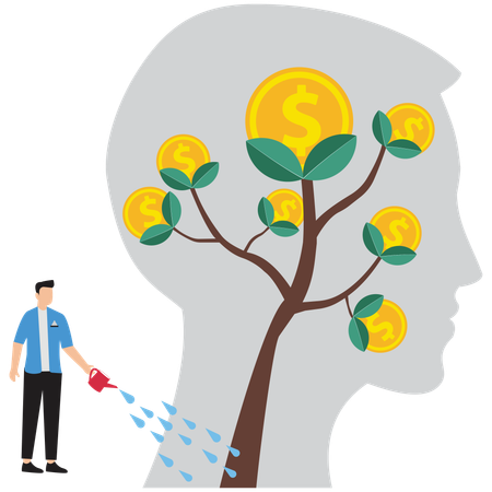 Businessman growth mindset on human head and brain  Illustration