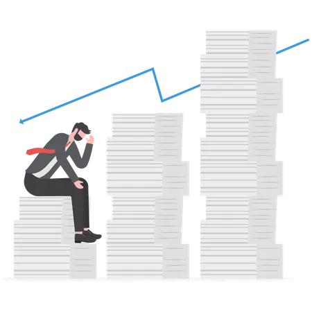 Businessman Stress And Solution With Very Tall Paper Stack Vs Man Illustration