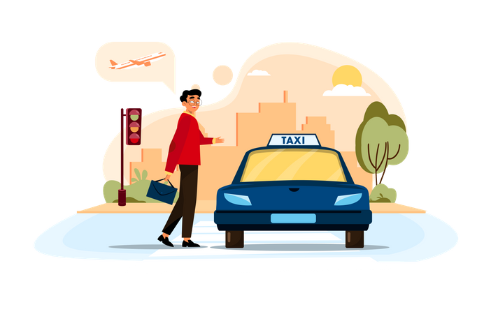 Businessman hailing a taxi for airport  Illustration