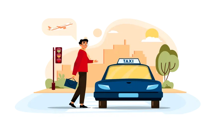 Businessman hailing a taxi for airport  Illustration